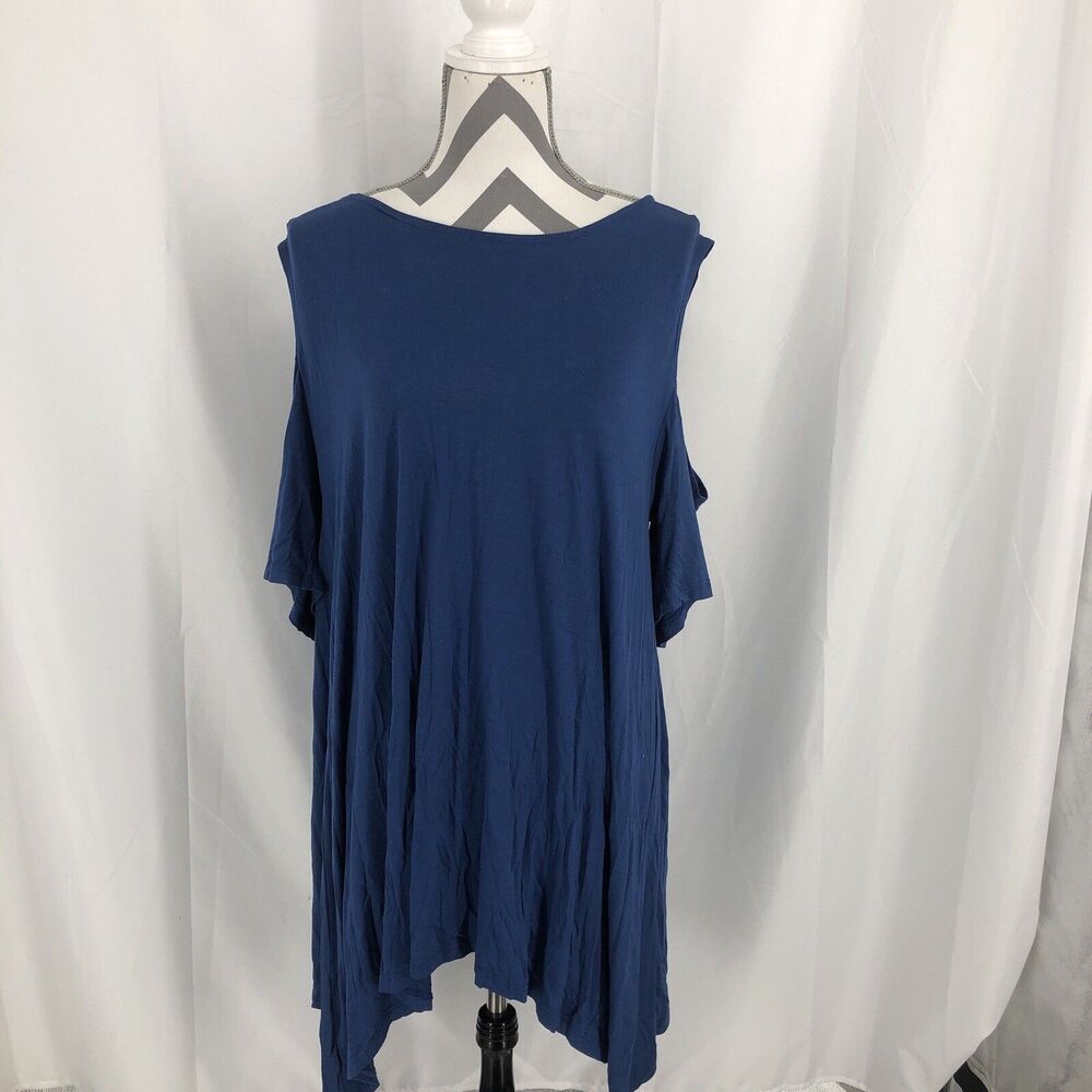 Amerikan Basics Shirt Womens Plus 2XL Blue Tunic Top Cold-Shoulder Peasant New